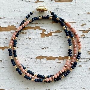 Navy Blue Quartz & Orange Coral Triple Wrap Bracelet w/Hematite